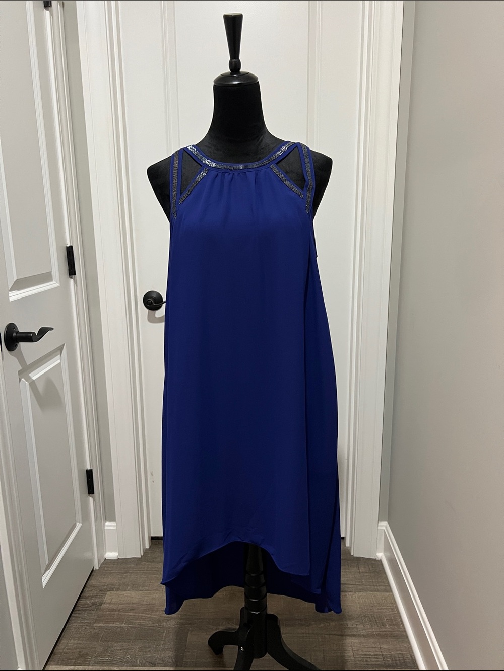 BCBGMaxAzria Cobalt Halter Dress with Embellished Neckline